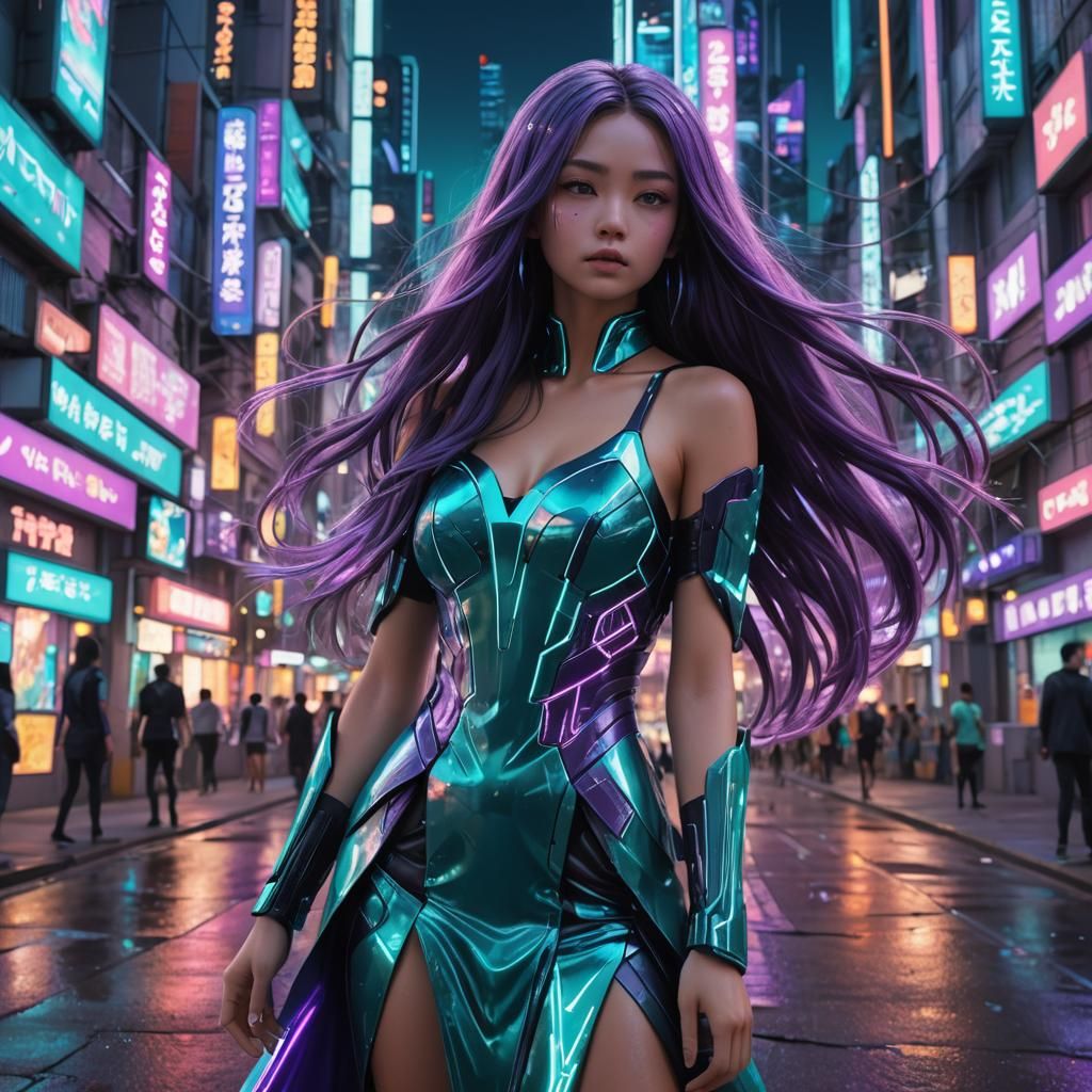 Neon Cityscape with Model in 3D Anime Art