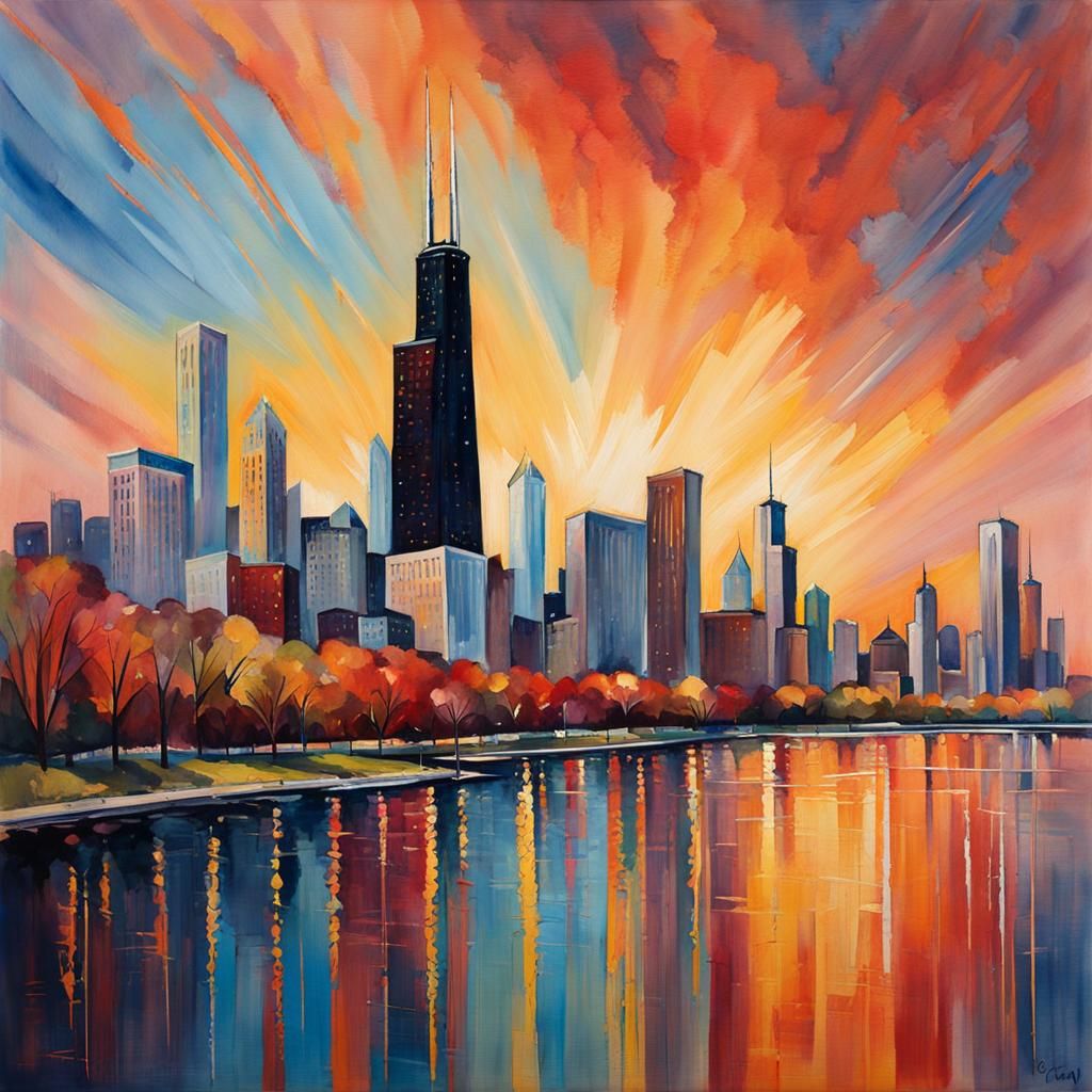 Chicago Skyline in Gouache Impressionist Style