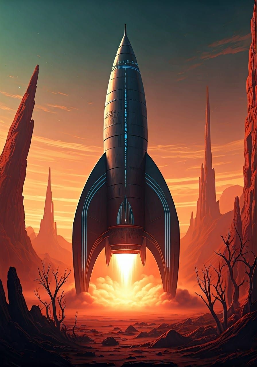 Art Deco rocket landing on Mars