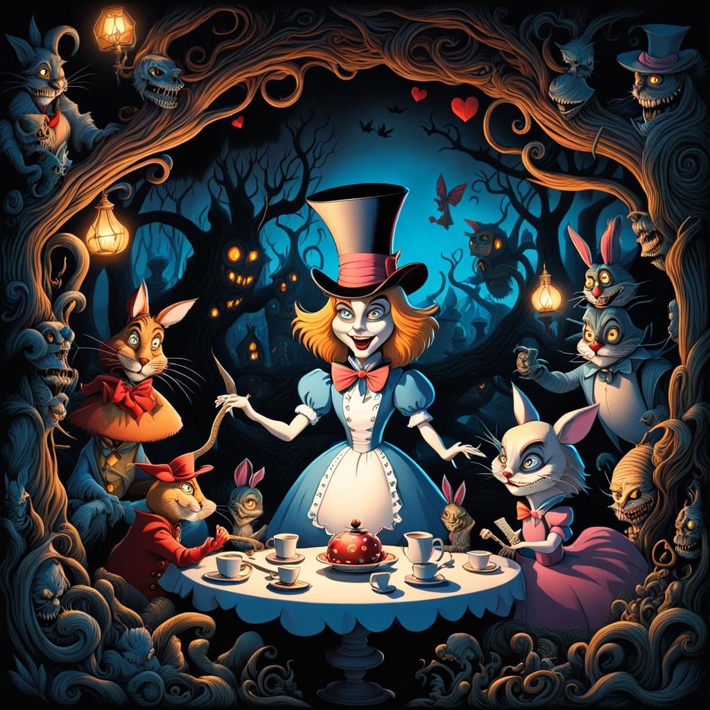Evil Alice in Wonderland Cartoon: A Dark Night Scene