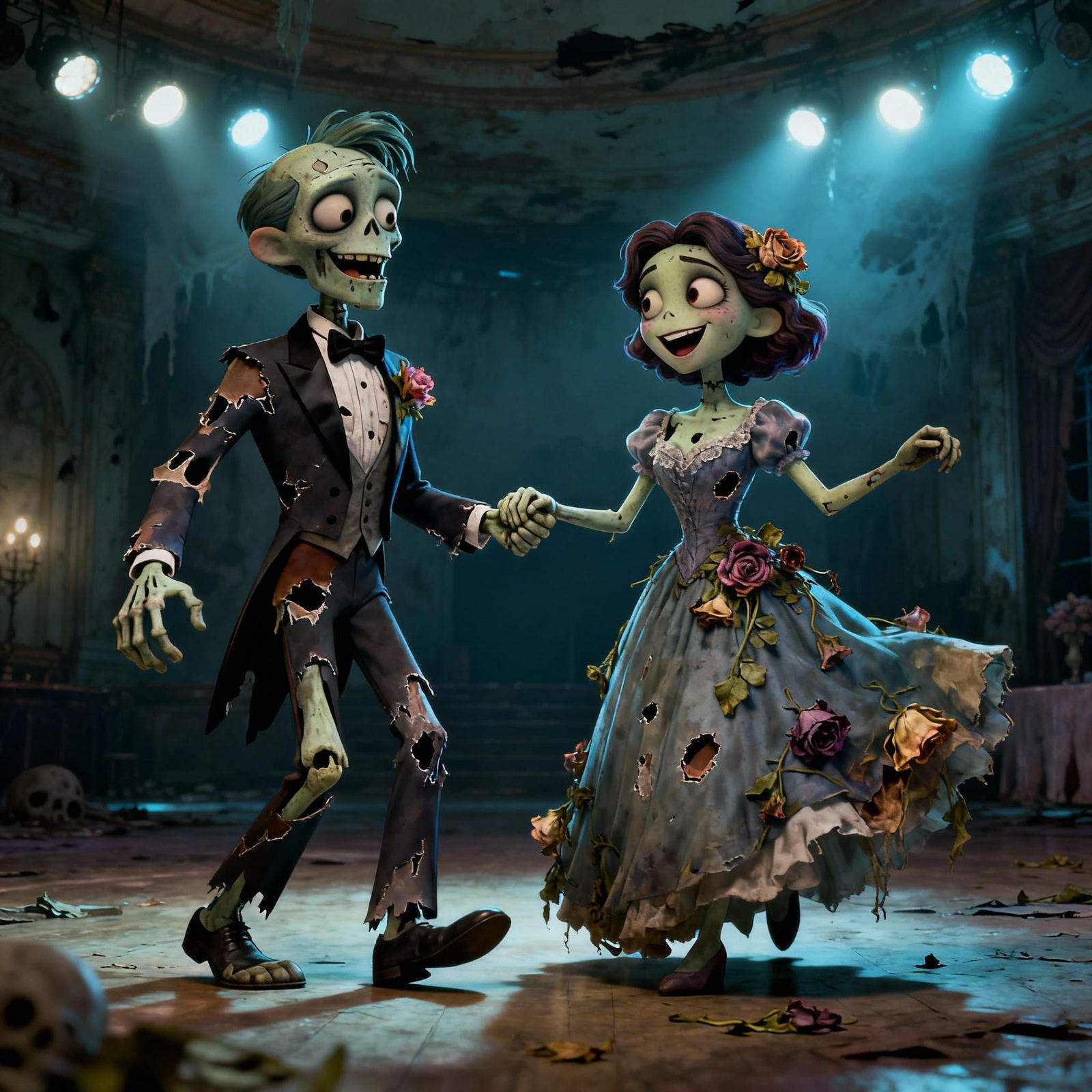 Cute Zombie Couple Dancing in Abandoned Ballroom