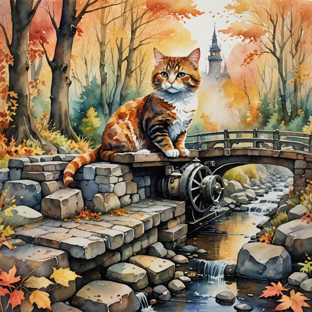Autumn Forest Scene with Cat and Steampunk Engine