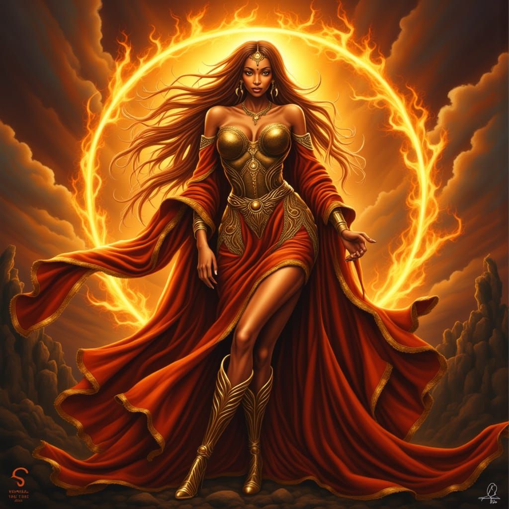 Regal Woman Enveloped in Warm, Golden Light