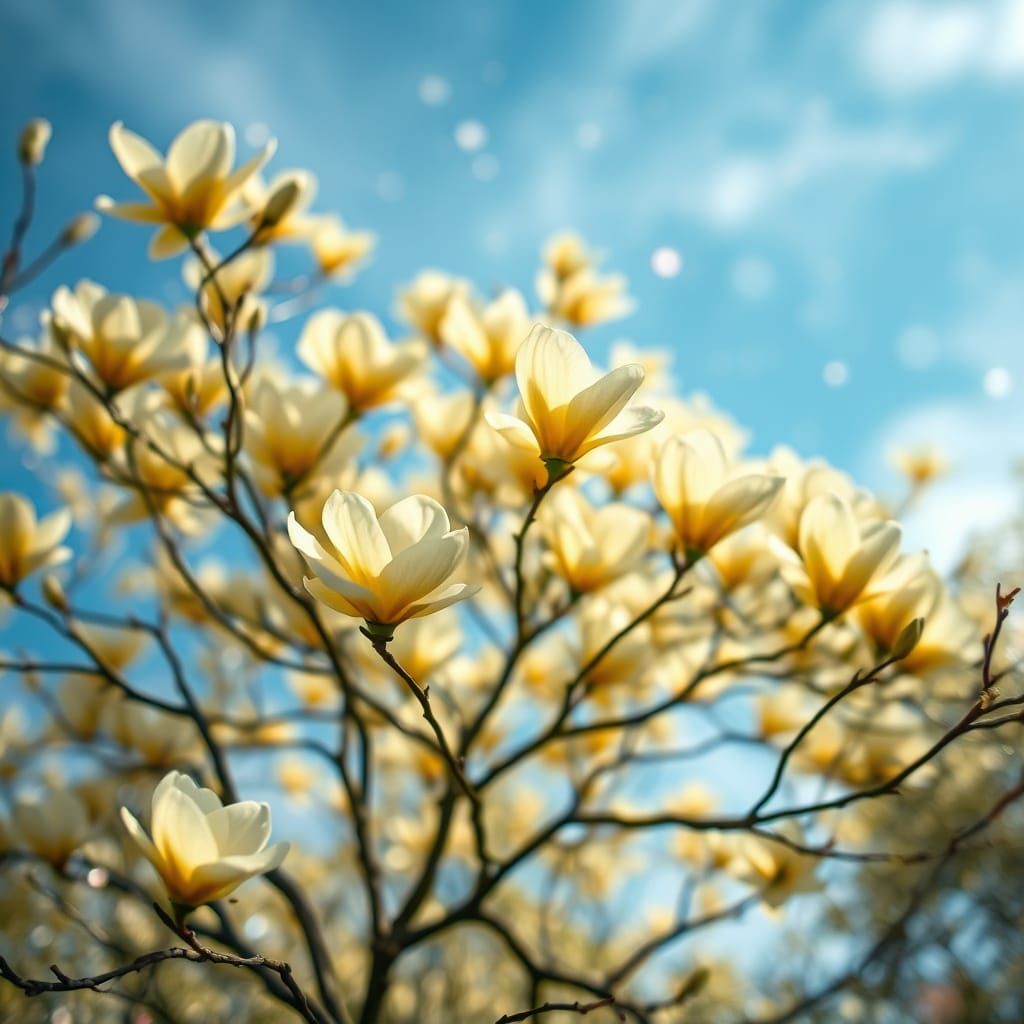 Ethereal Pastel Magnolia Blooms in Whimsical Nature Scene