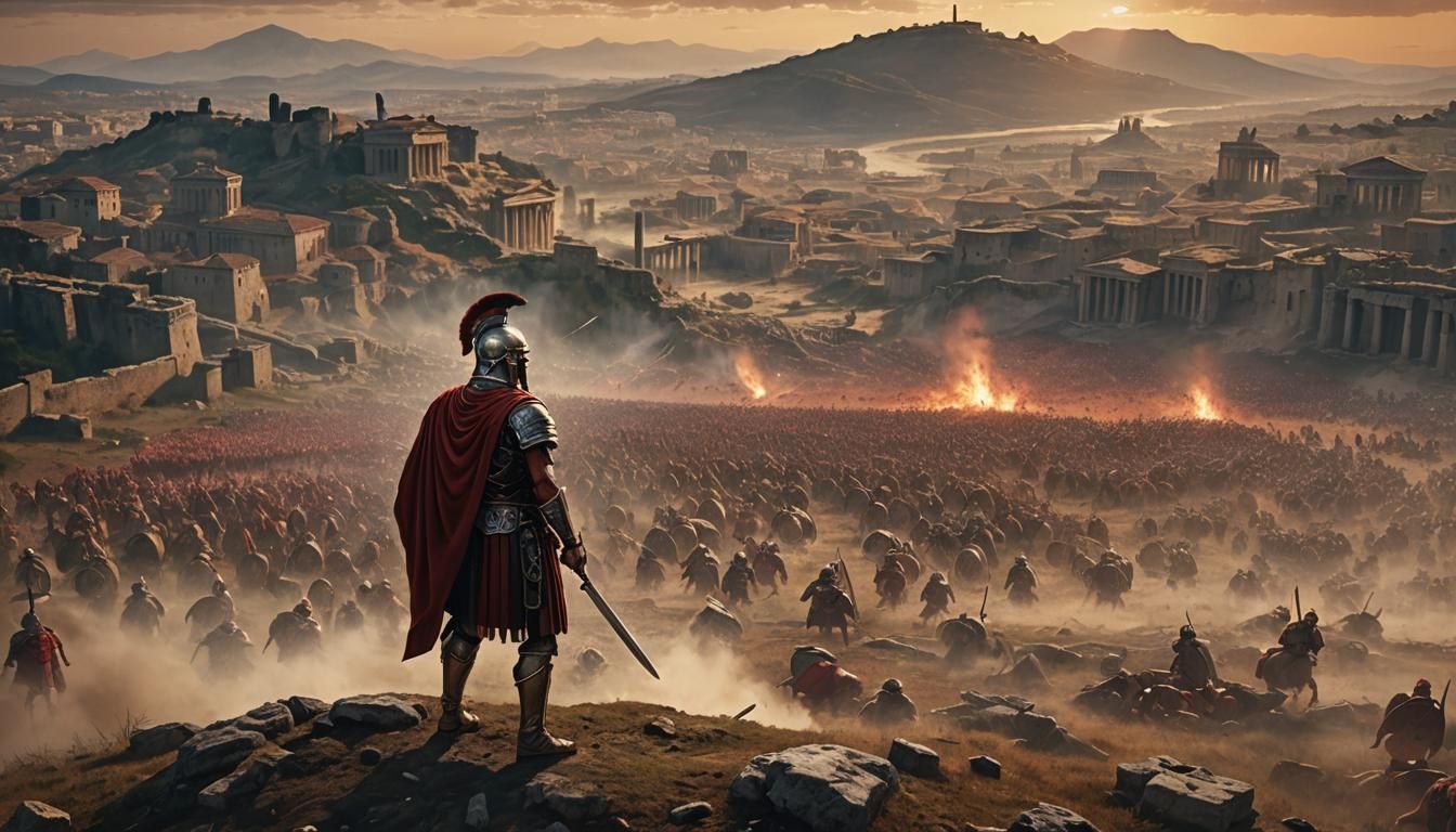 Ancient Roman Centurion Overlooking Battlefield at Sunset