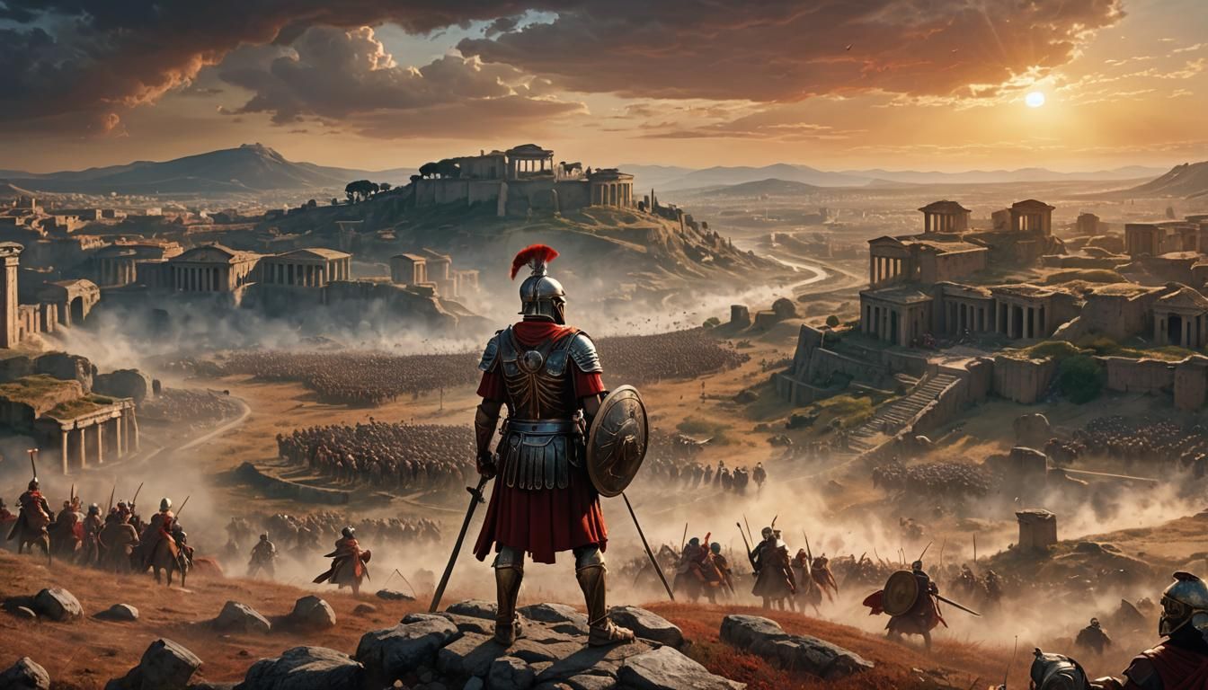 Roman Centurion Overlooking Battlefield at Sunset
