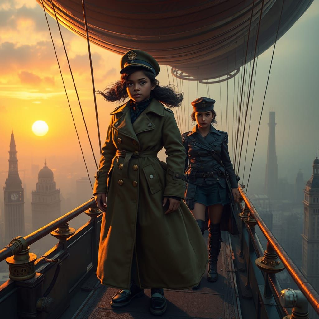 Steampunk Airship Captain in Victorian Cityscape