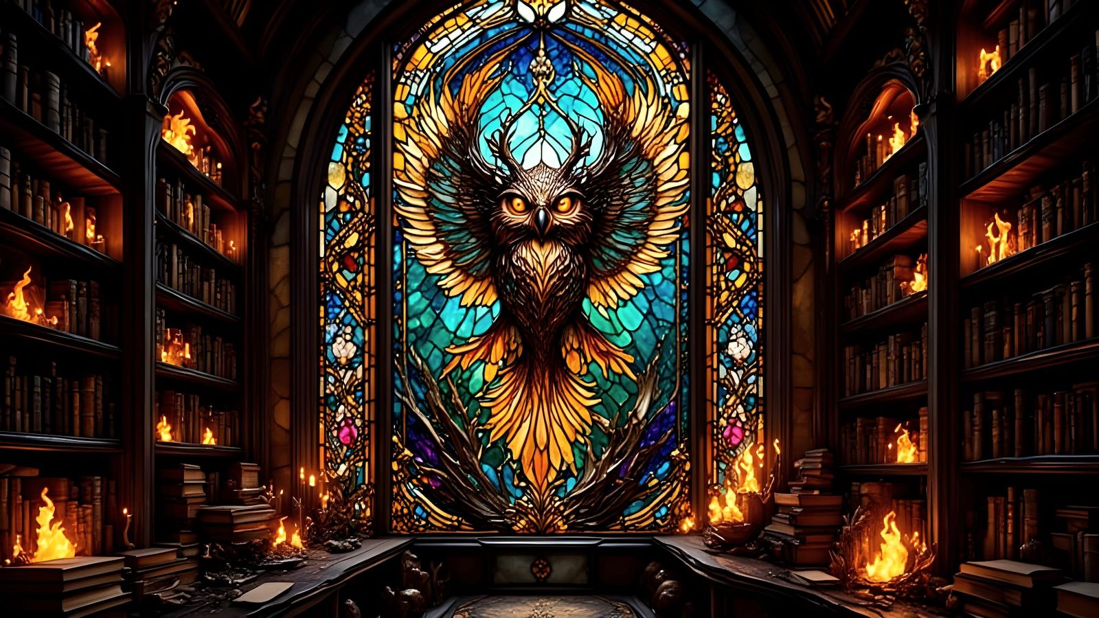 Mythical Owl Stained Glass Window in Ancient Library