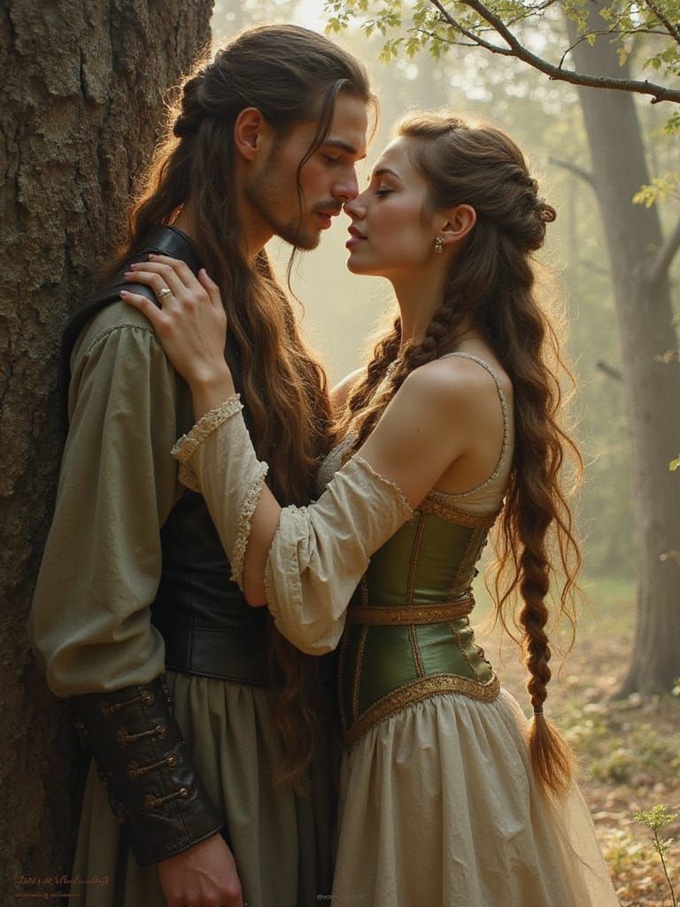 Ethereal Elf Maiden Kissing Dashing Rogue in Oil Painting