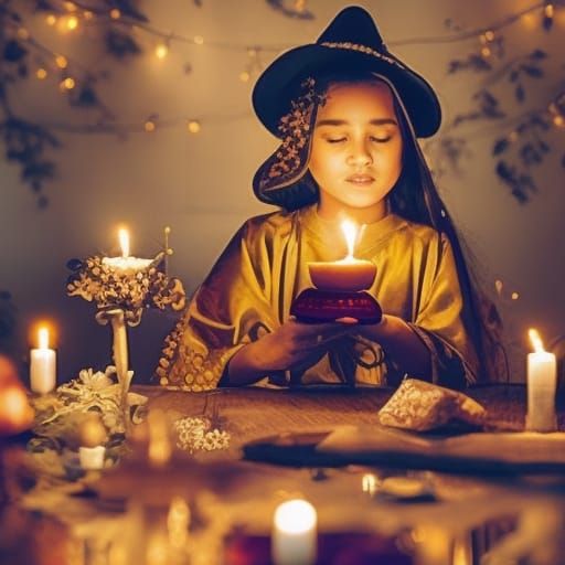 Young Wizard Girl Practicing Magic with Candles