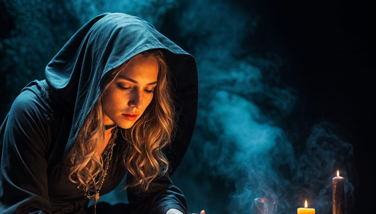 Young Witch Kneeling with Knife over Dark Liquid