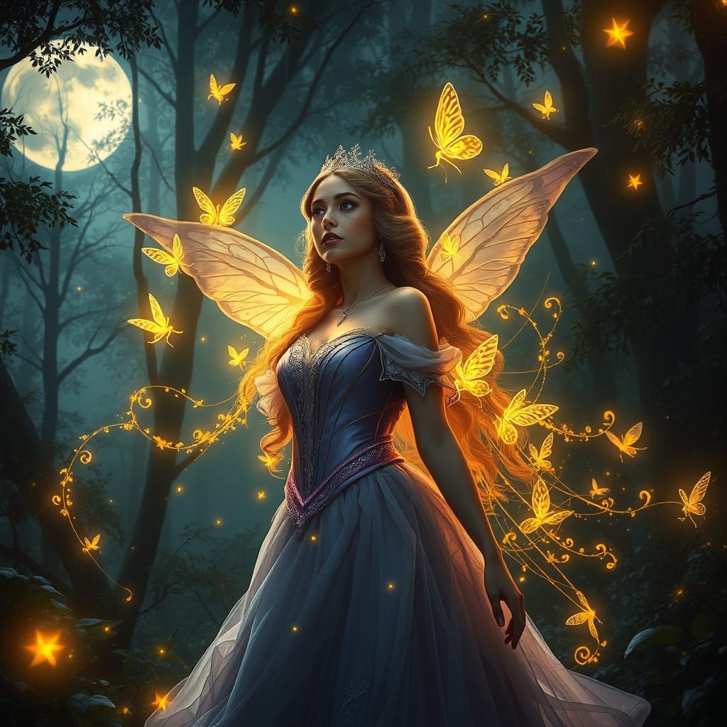 Princess with Fairies in Moonlit Forest, Art Nouveau Style