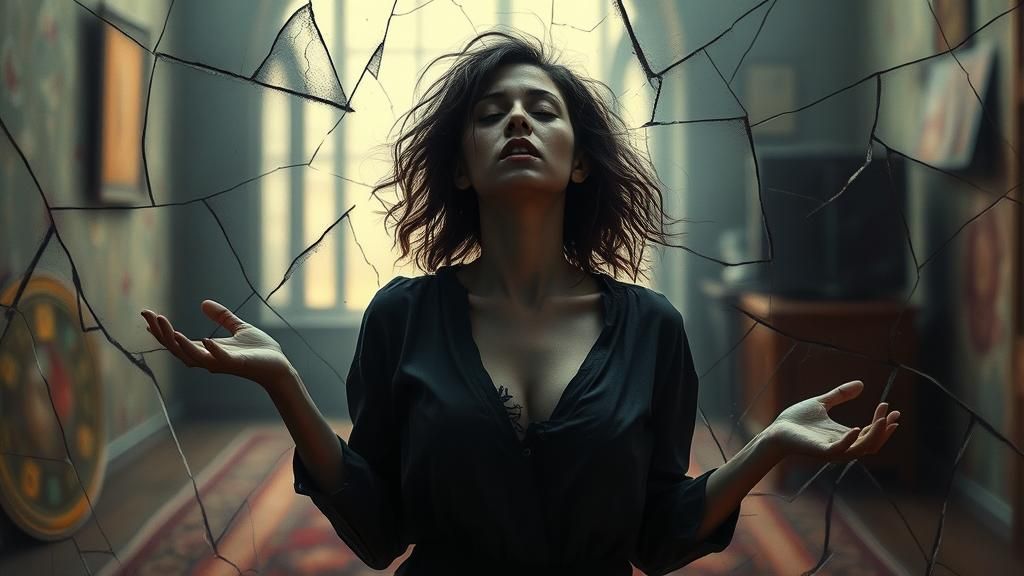 Surreal Sleepwalker in Dreamlike Fractured Landscape