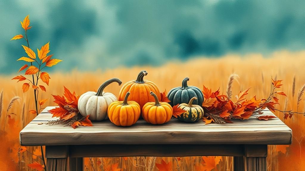 Gourds and Autumn Leaves in Gouache Style