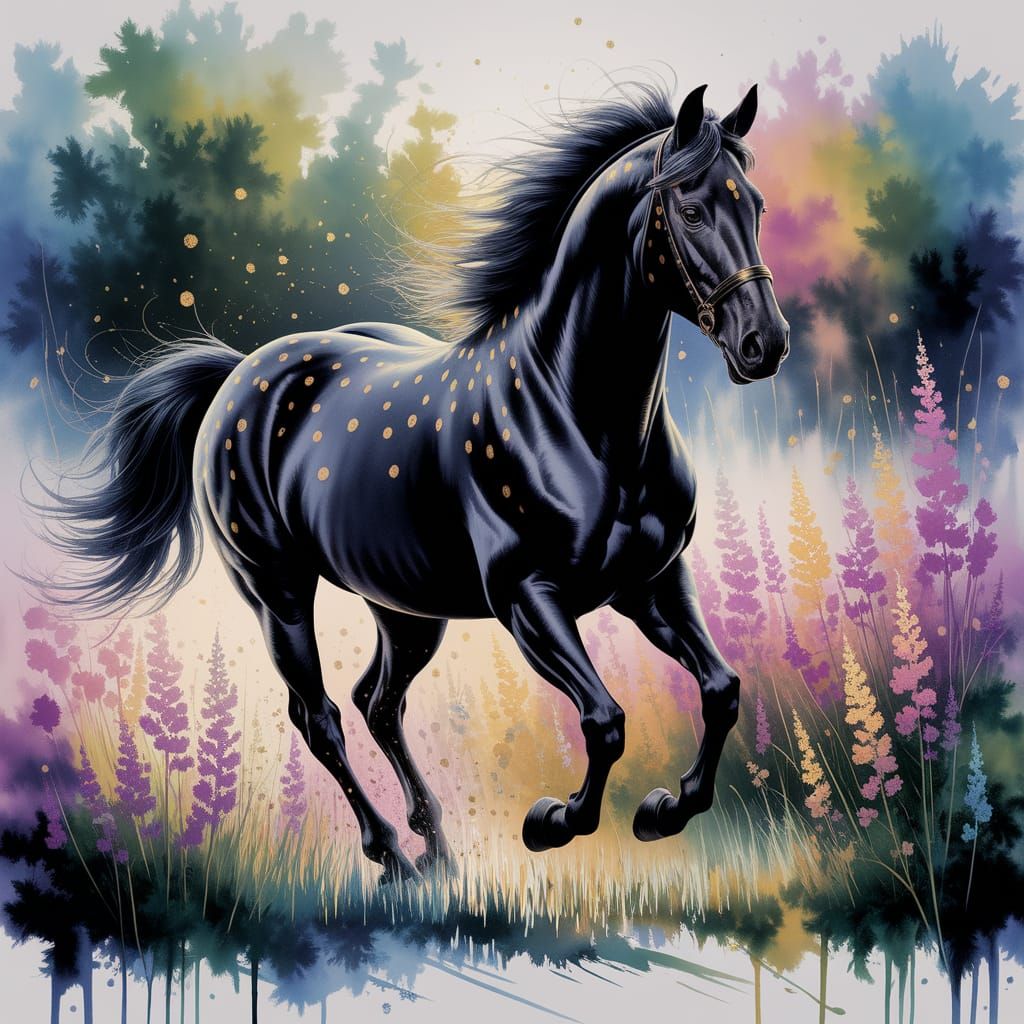 Majestic Black Horse Galloping Through Wildflowers