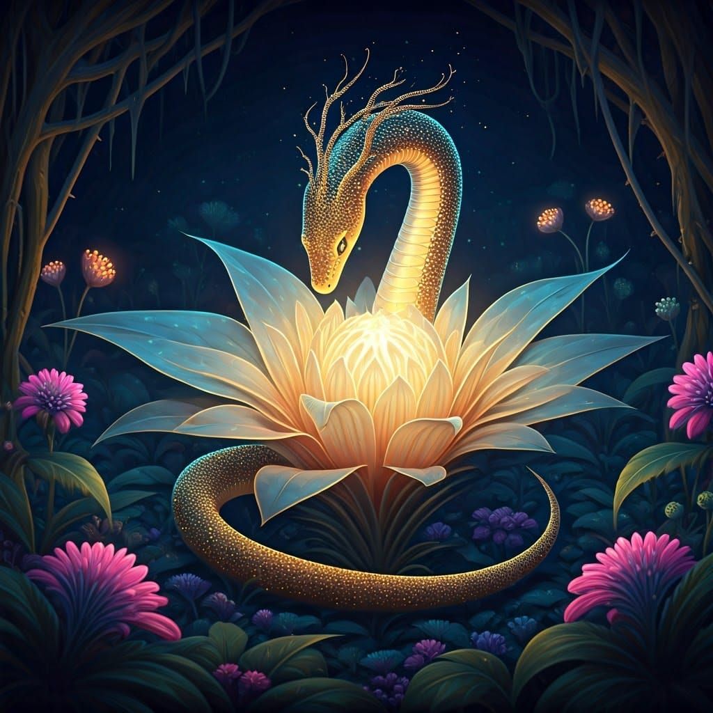 Luminous Serpent Coiled Around Alien Bloom