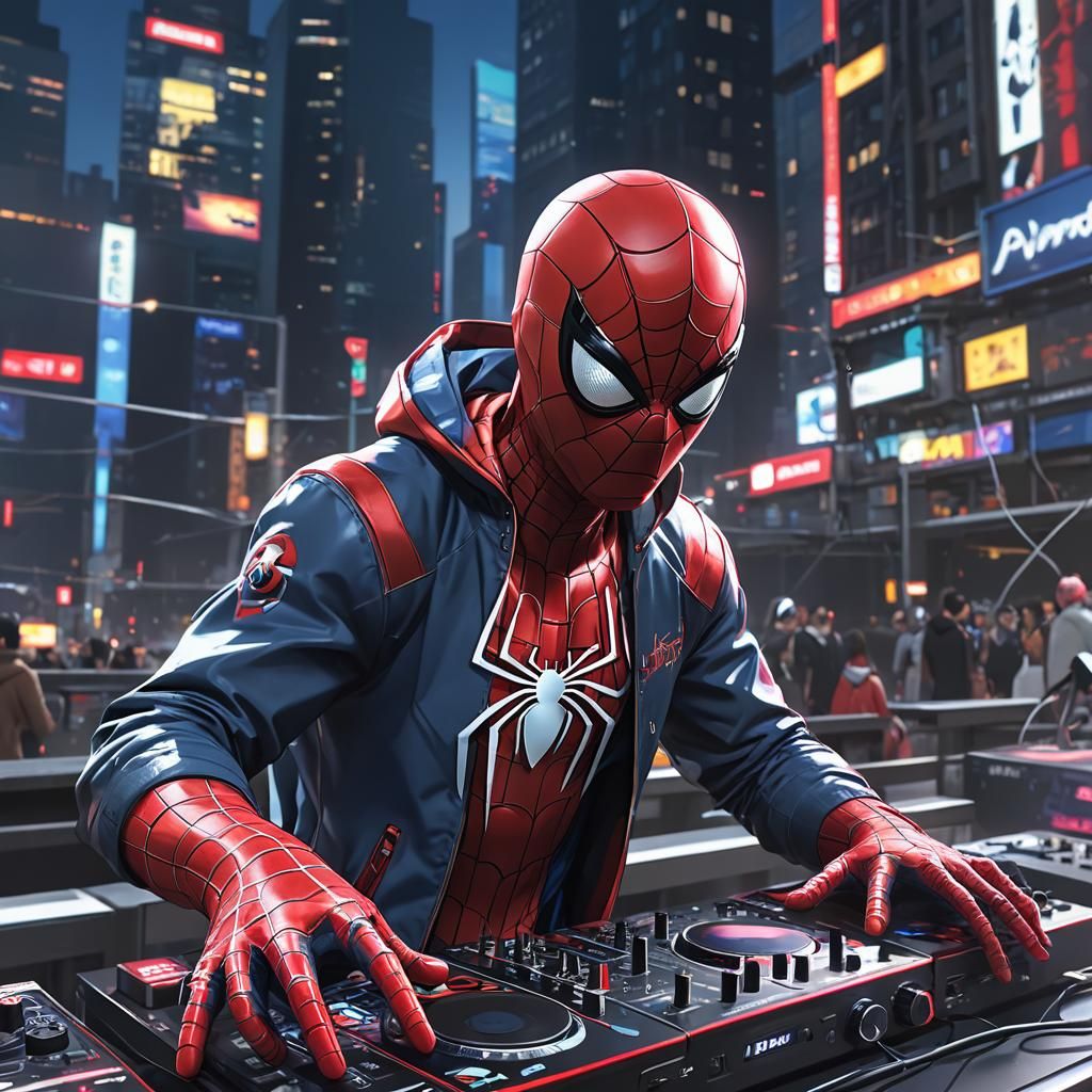 Spiderman as DJ in 3D Anime Art Style
