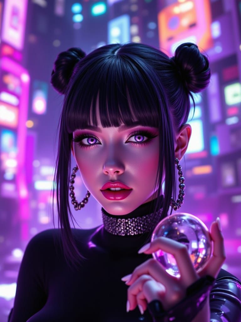 E-Girl Holding Crystal Ball in Neon Cyber Environment