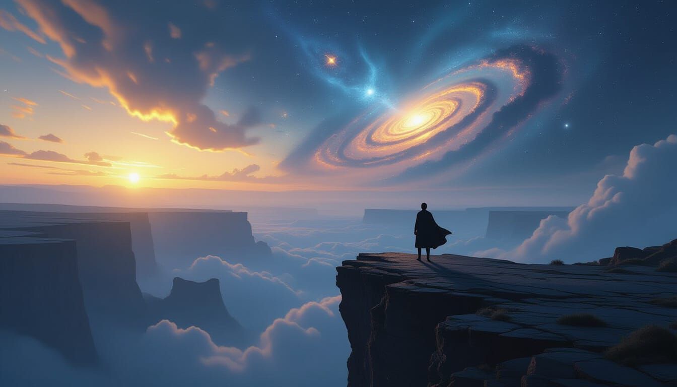 Solitary Figure on Cliff Gazing into Golden Cosmos