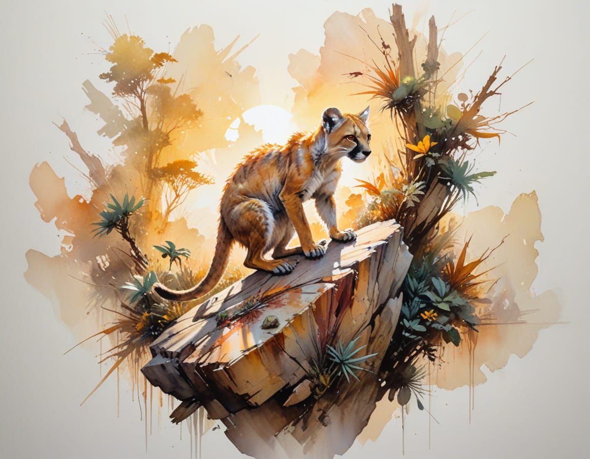 Fossa Gliding Through Madagascar Spiny Forest at Golden Hour