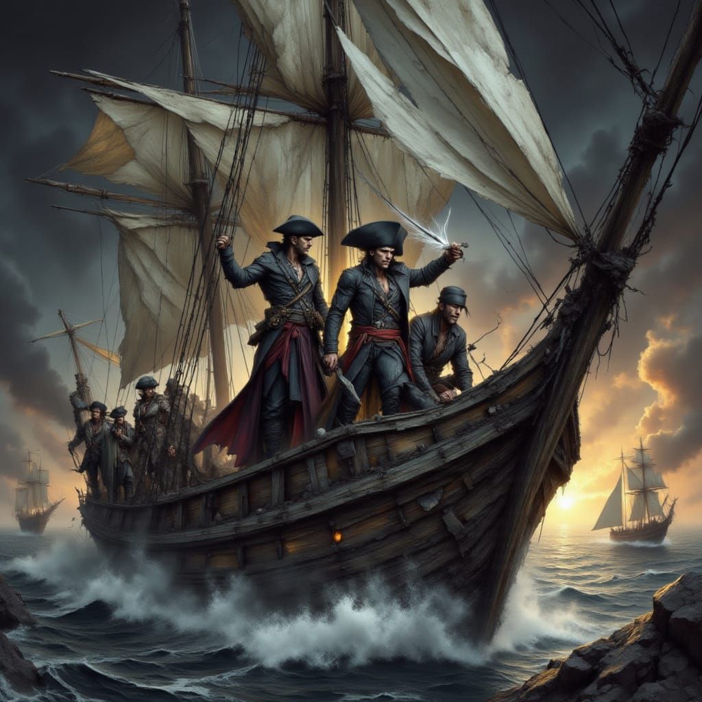 Pirate Crew on Ship in Hyperrealistic Charcoal Sketch Style