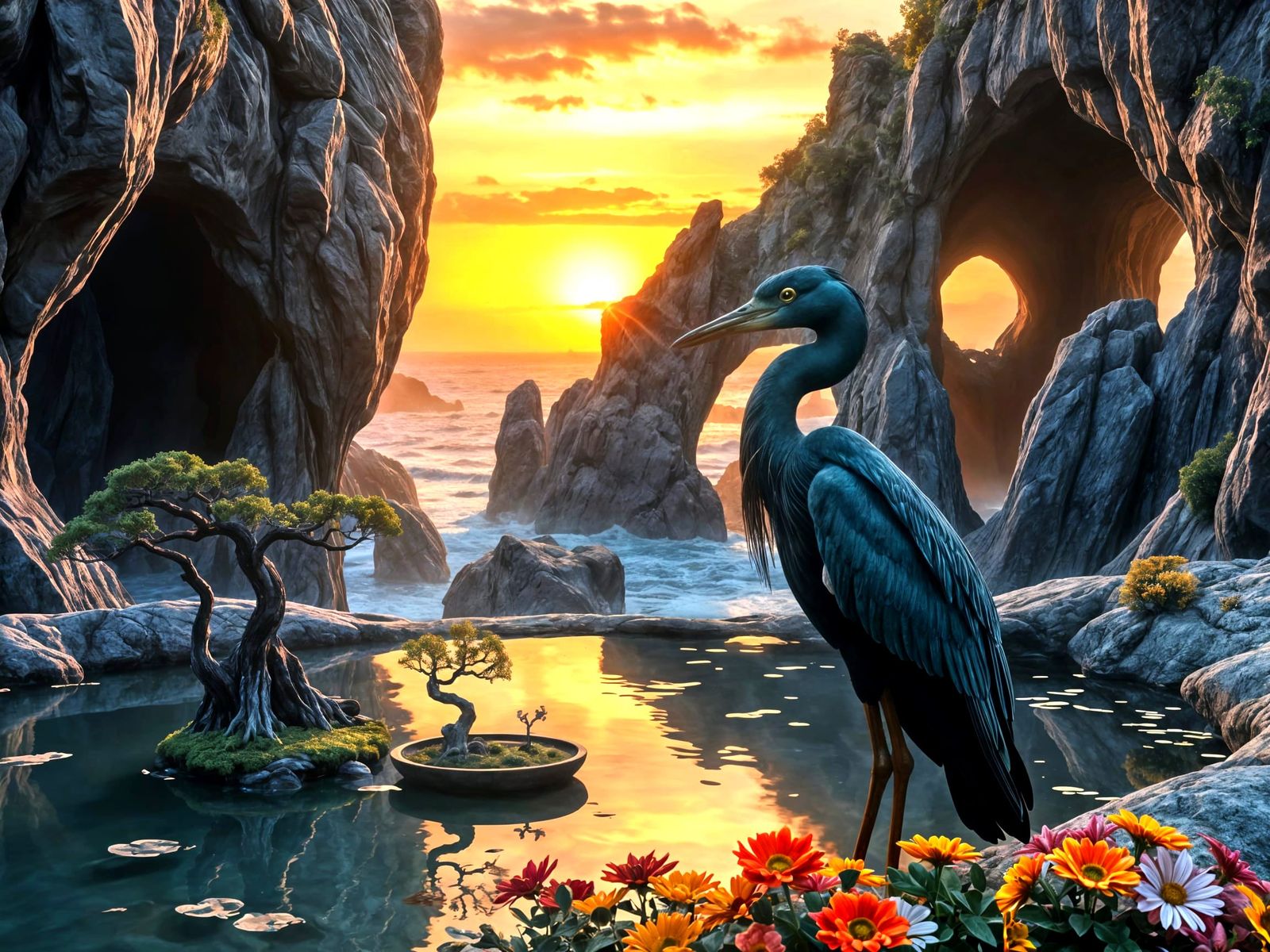 Elegant Heron by Pond in Anime Art Style