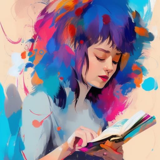 Girl Reading Book in Detailed Composite Art Style