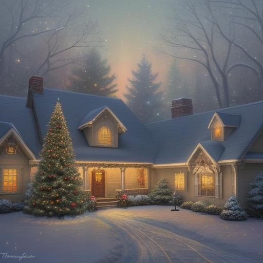 Christmas Tree in Pastel Woods, Kinkade Style