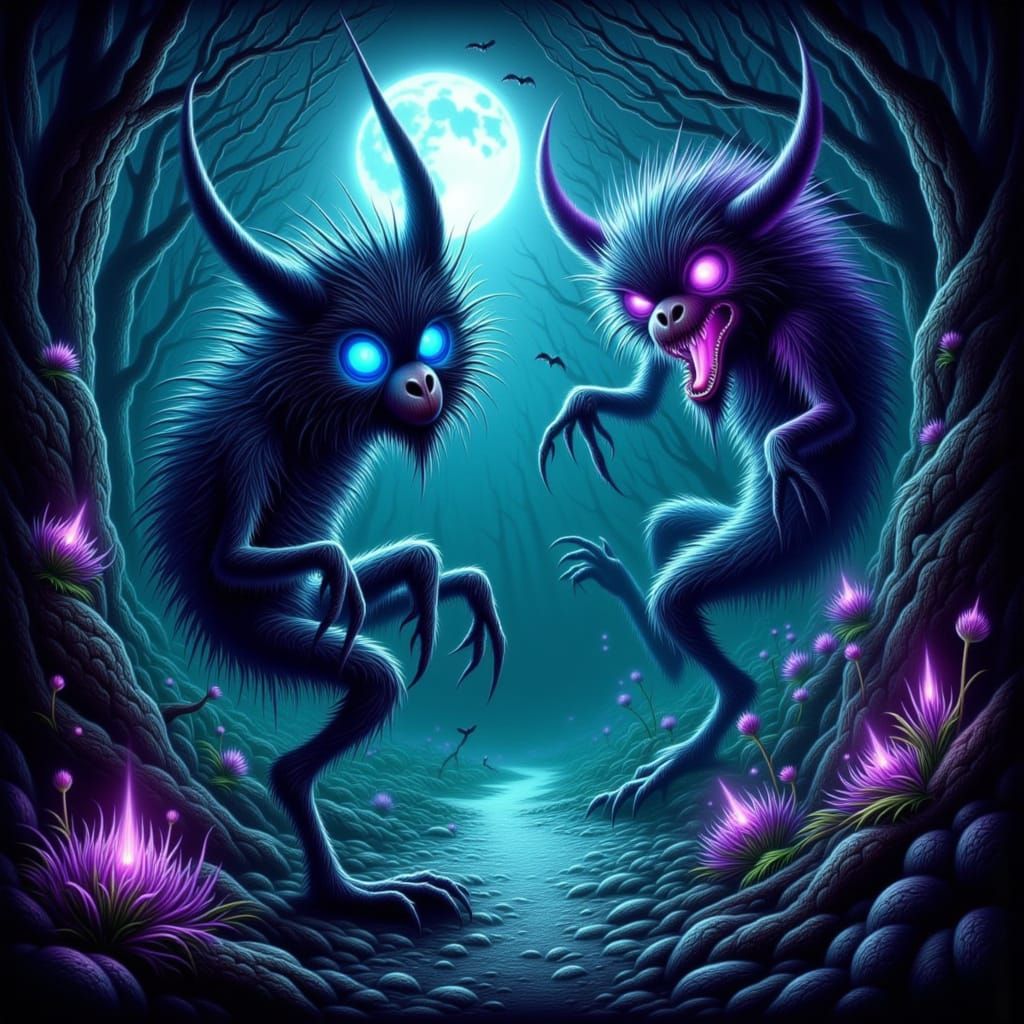 Mysterious Fae Creatures in Moonlit Forest Realm
