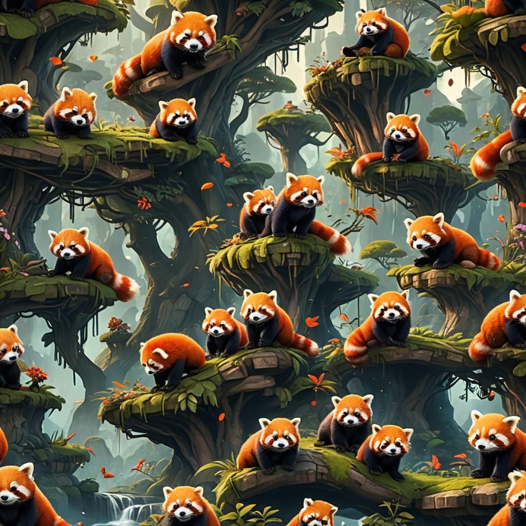 Dreamland Red Pandas: Detailed Fantasy Concept Art