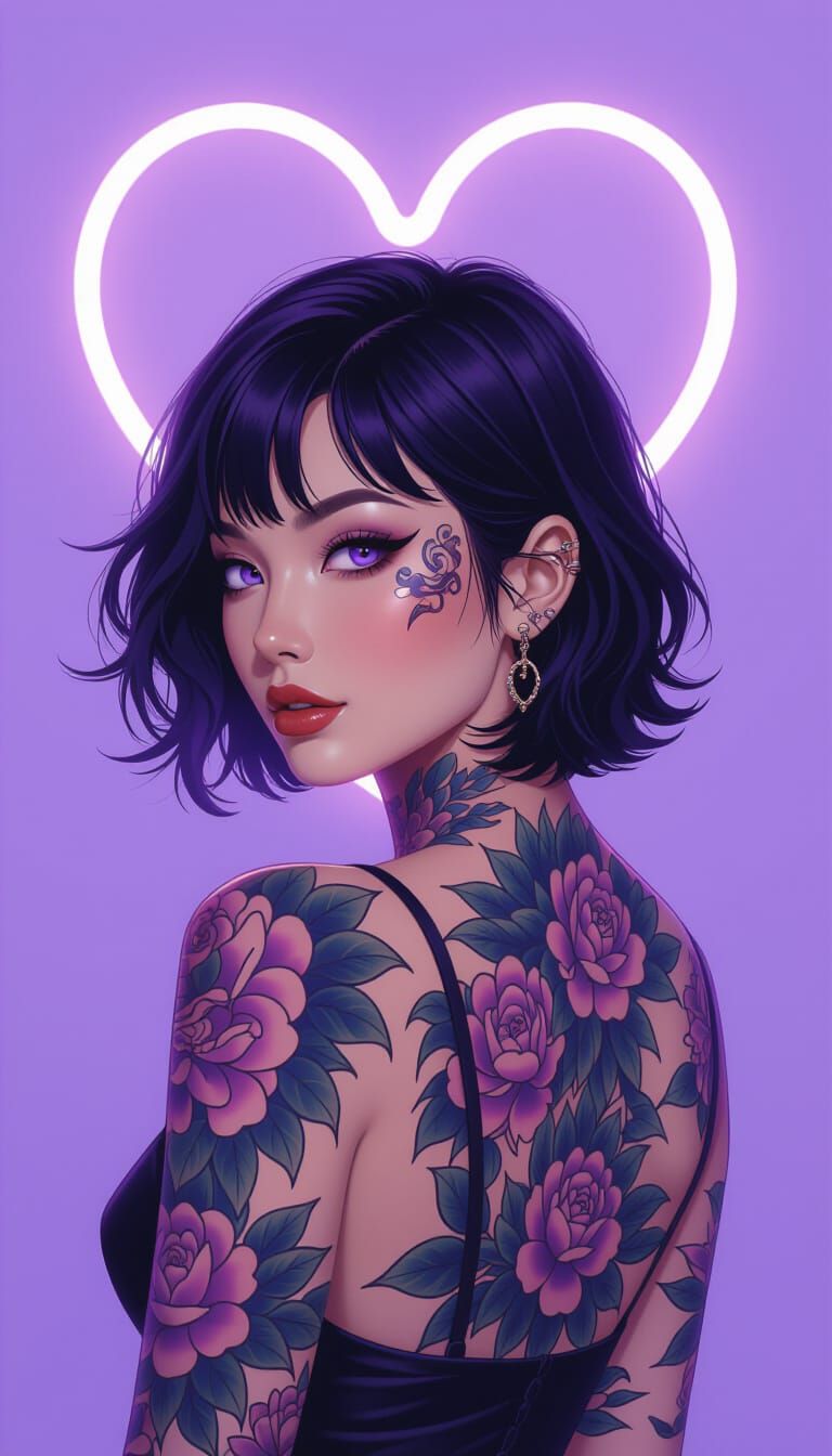 Tattooed Beauty with Lavender Eyes in Art Nouveau Style