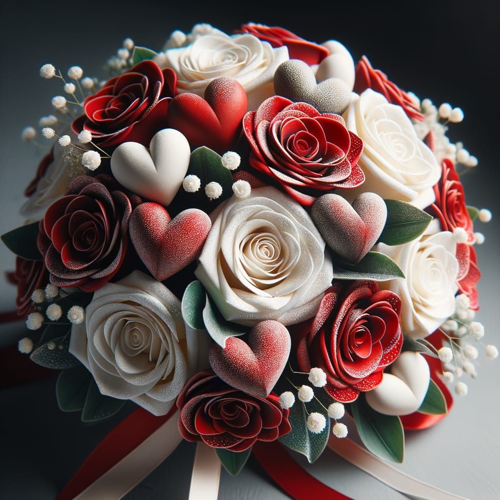 Romantic Floral Bouquet with Hearts and Roses