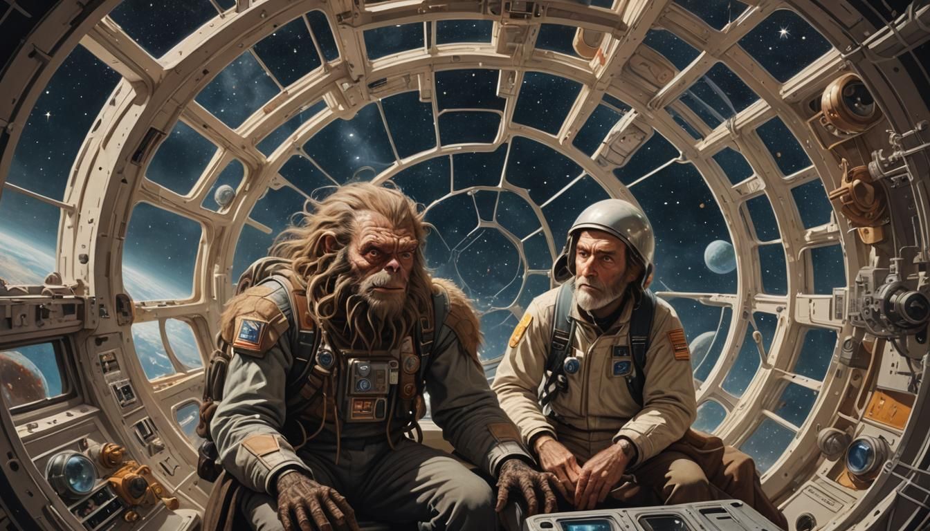 Hairy Spider and Astronaut in Starry Spacecraft Airlock