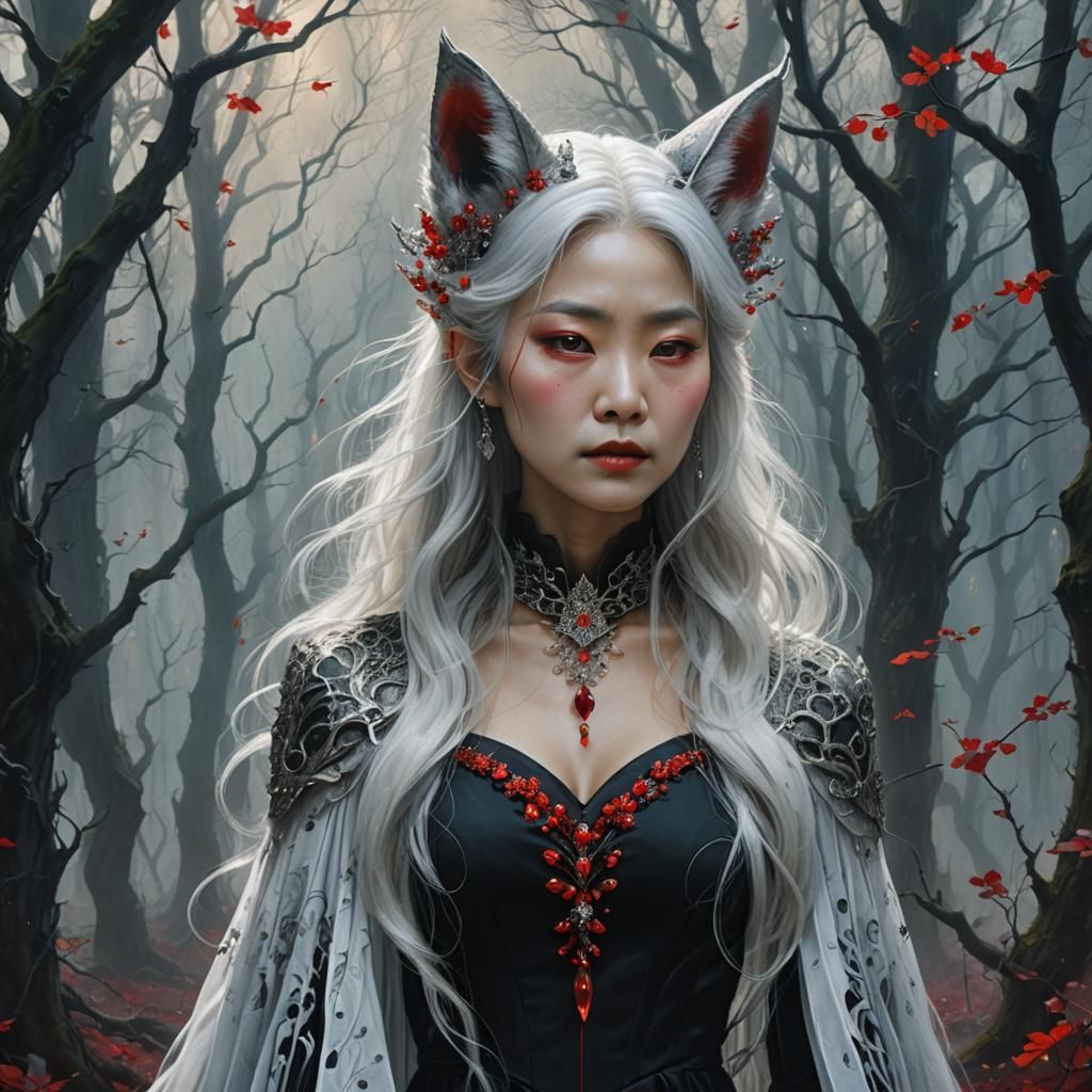 Vampire Queen with Fox Ears in Mystical Forest