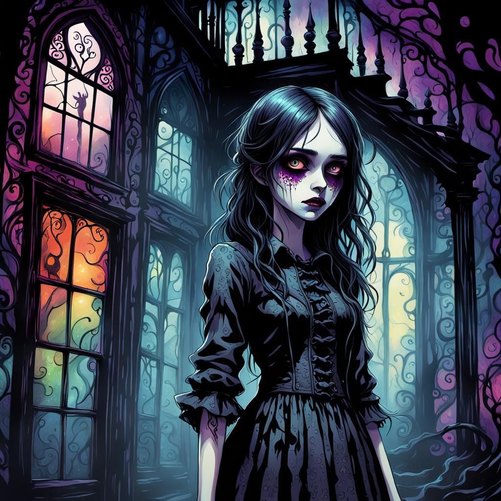 Emo Girl in Haunted House, Gothic Tim Burton Style