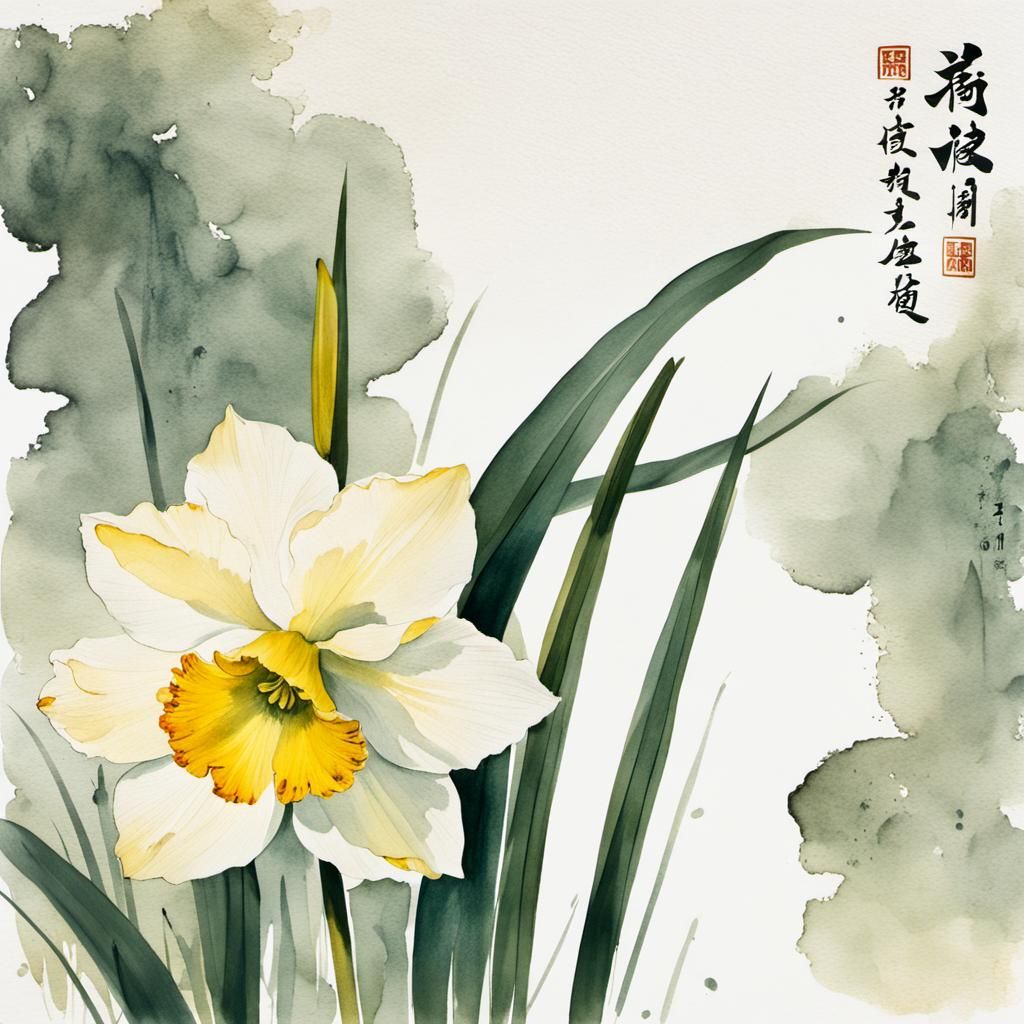 Narcissus in Muted Chinese Ink Painting Style