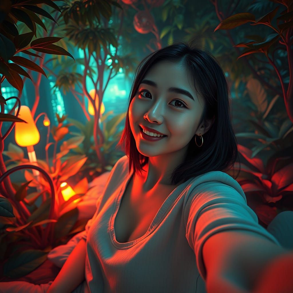 Serene Star Trek-Inspired Garden Scene with Korean Woman