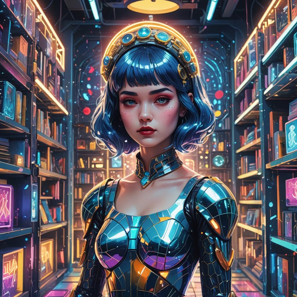 Cyberpunk Snow White Mermaid in Neon Library