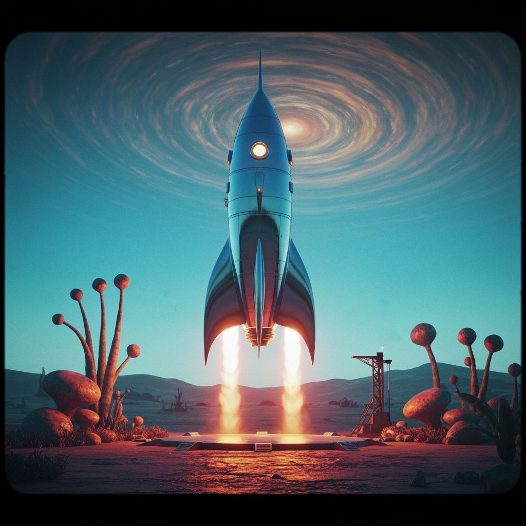 Retro-Futuristic Rocket Launch on Alien Planet