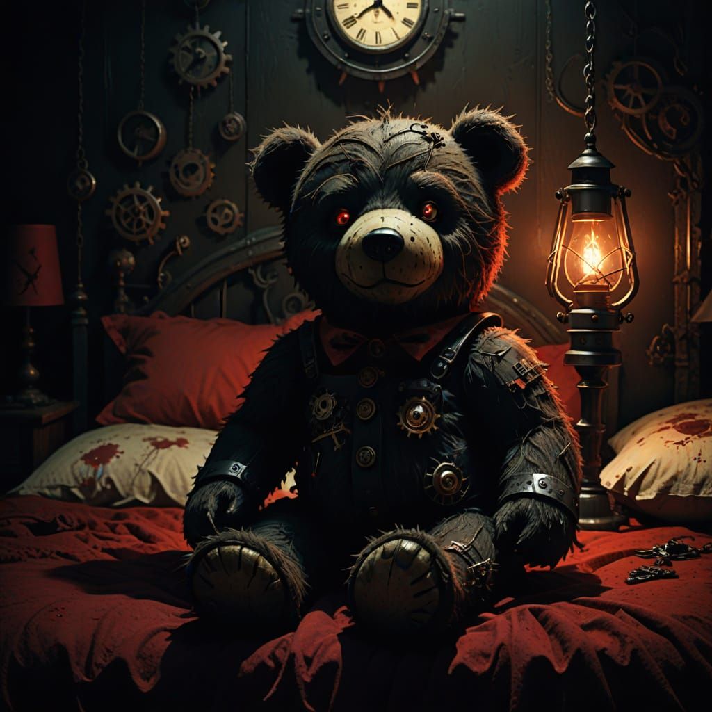 Sinister Teddy Bear with Glowing Watch Gear Eyes