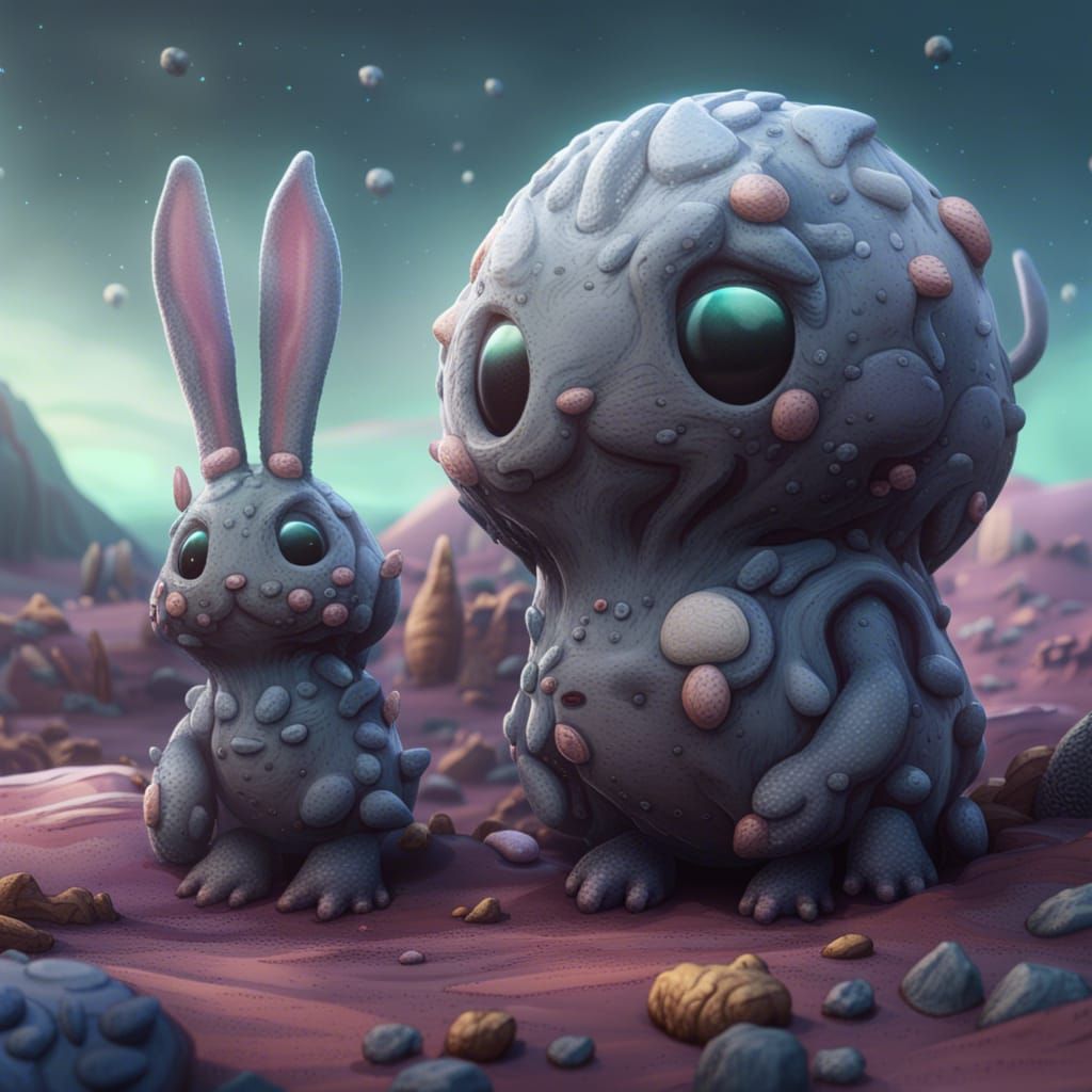 Cute Blob Bunnies on Jupiter, Detailed Gouache Painting