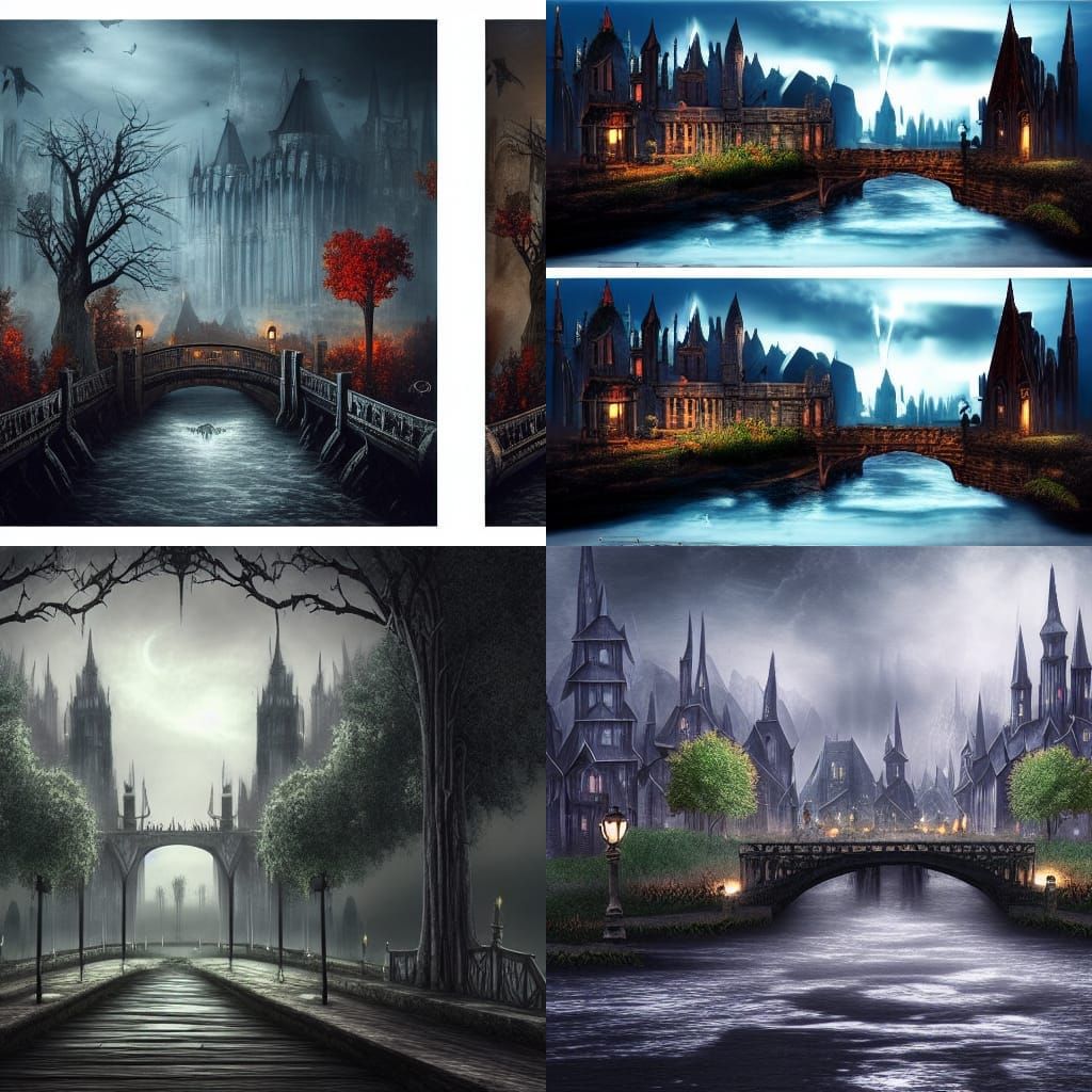 Dark Fantasy Town with Gothic and Romantic Buildings