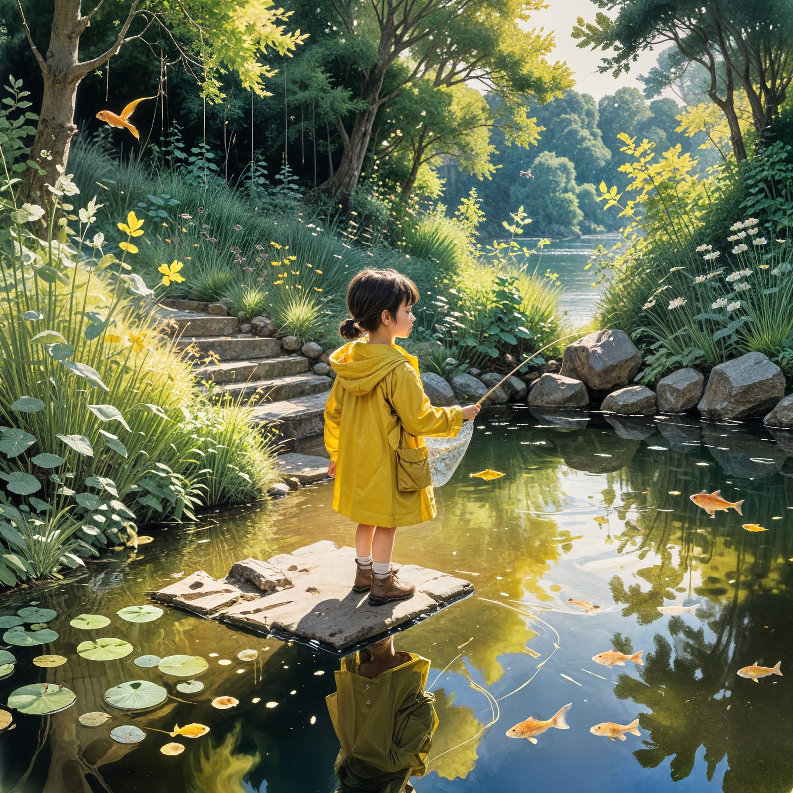 Young Explorer at Whimsical Reservoir in Colorful Water Scen...