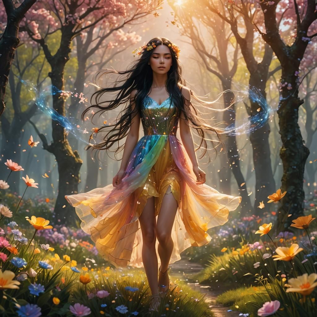 Beauty with Black Hair in Spring, Pyxel Art Style