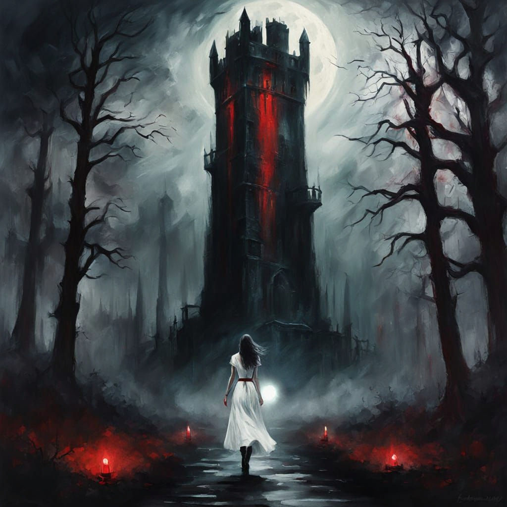 Woman Walks Toward Dark Tower in Sinister Forest
