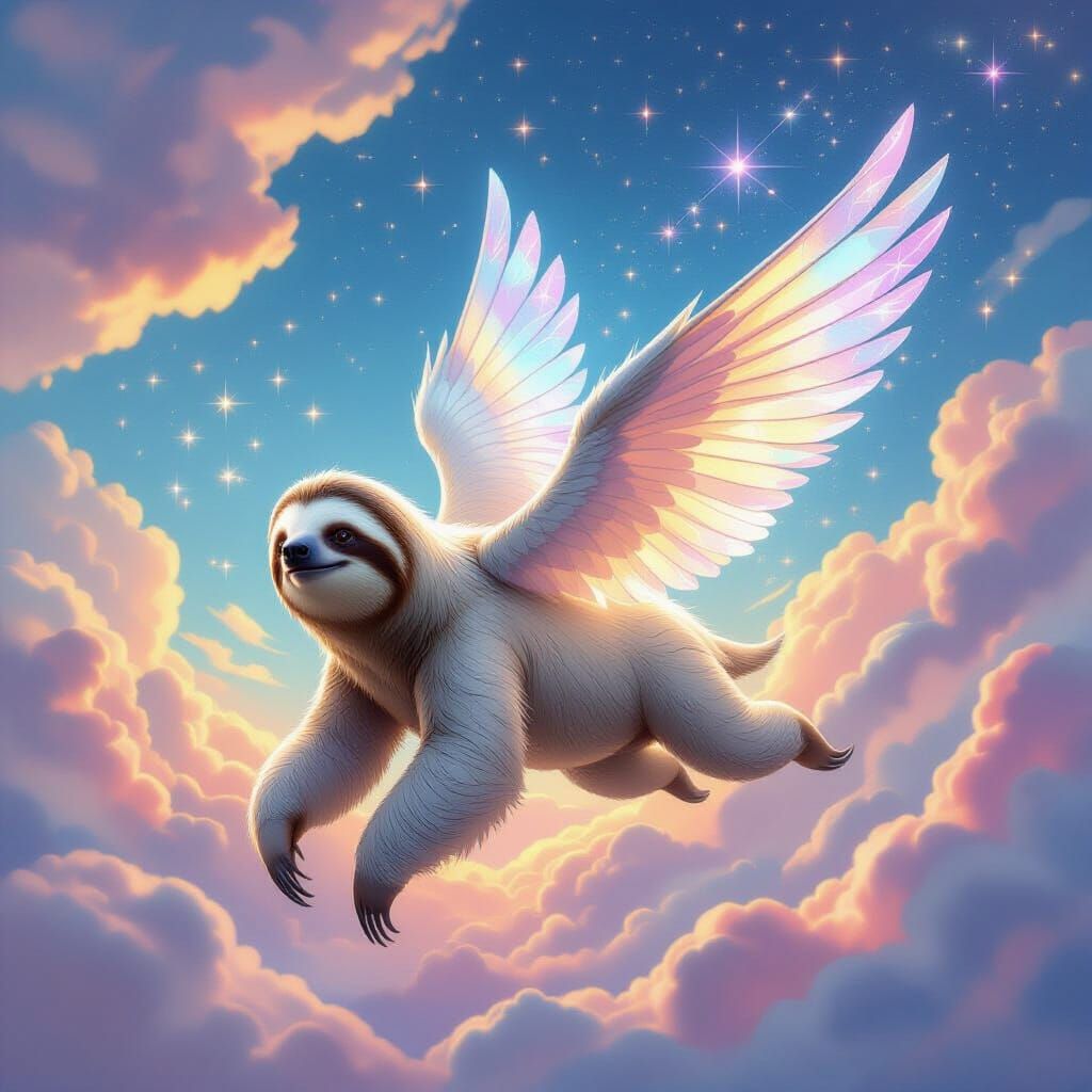 Fantastical Sloth with Crystal Wings in Dreamy Sky