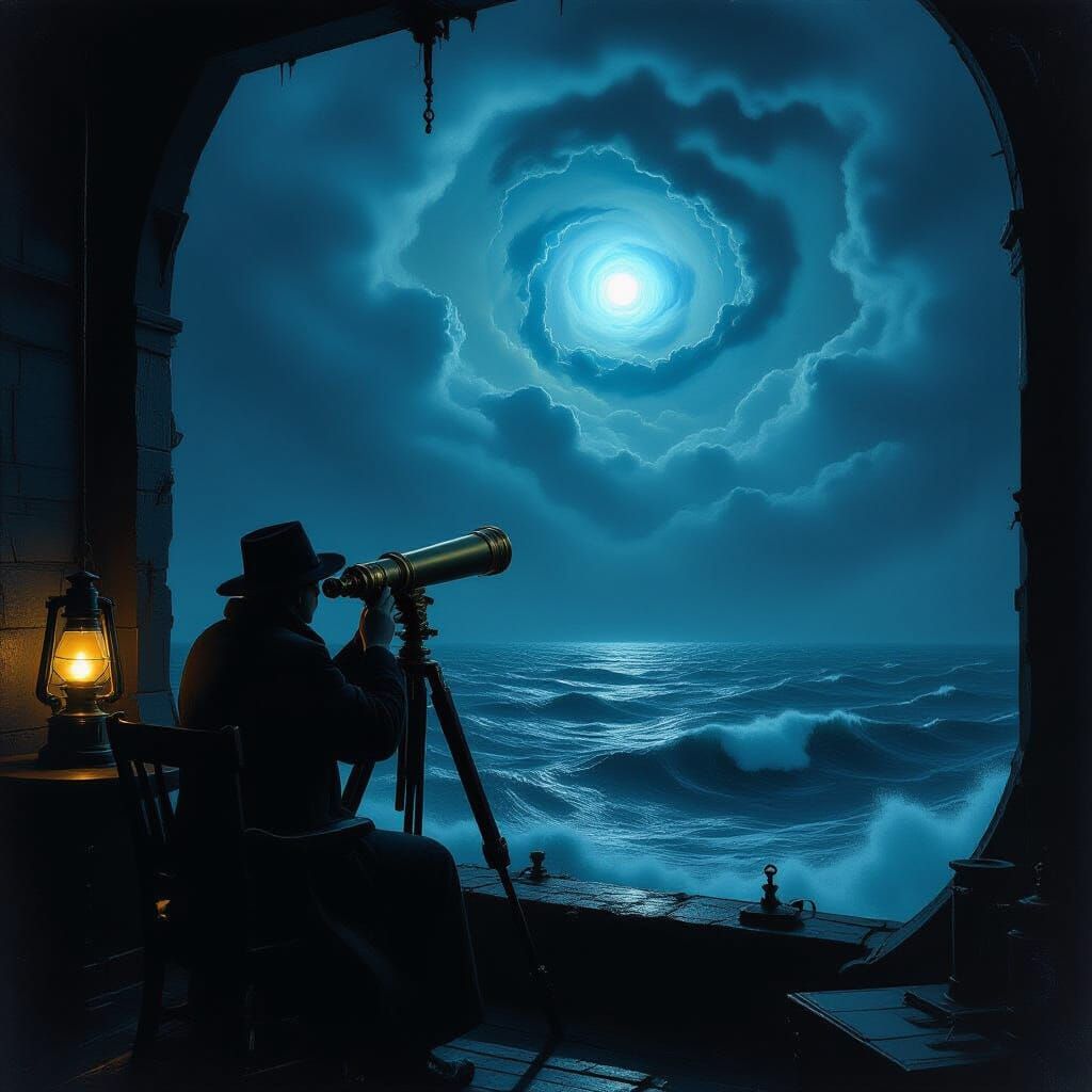 Lighthouse Keeper with Telescope Amidst Cosmic Sky