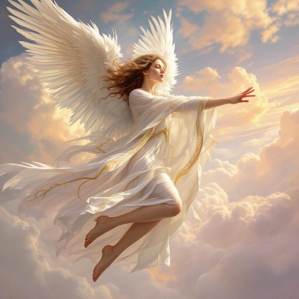 Ethereal Angel Soaring Through Vibrant Skies, Art Nouveau St...