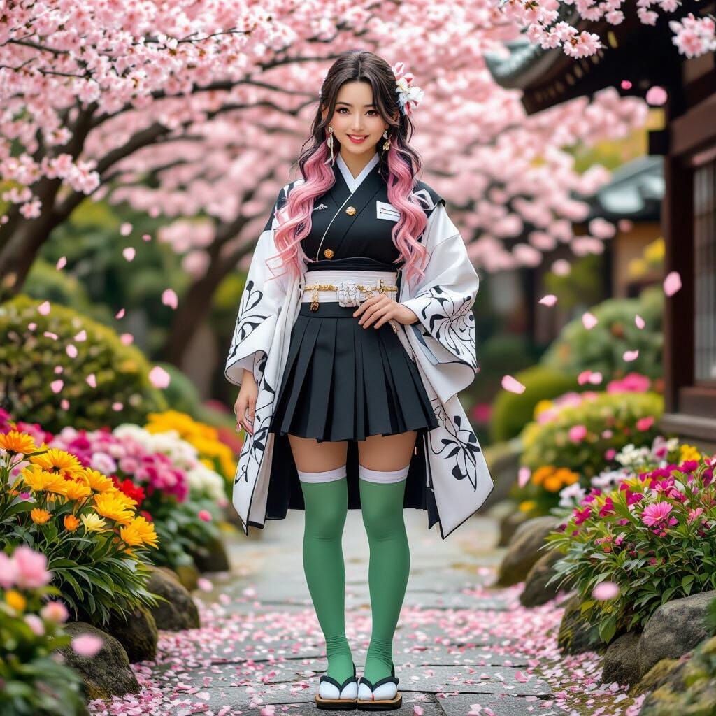 Elegant Woman in Japanese Garden, Hyper-Realistic Photo
