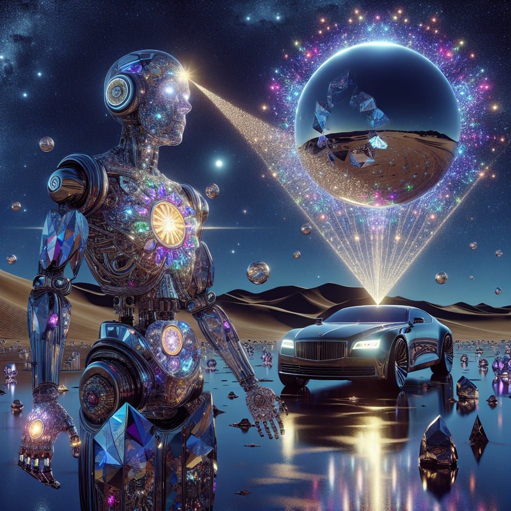 Crystal Robot Under Indigo Sky in Futuristic Style